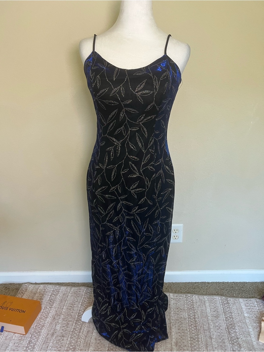 Jessica McClintock 1990s Gunne Sax Black Blue Floral Glitter Maxi Slip Dress 7/8